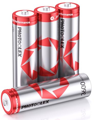 PHOTOOLEX AA-batterier uppladdningsbart litiumbatteri 4 stycken, 1,5 V 3 600 mWh hög kapacitet och 3 ampere hög toppeffekt aa batteri, 1 600+ urladdningscykler hållbar uppladdningsbar dubbelt