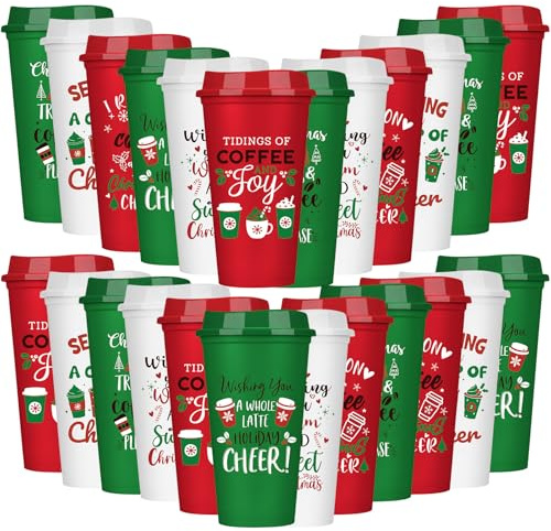 SiliFine 24 Pcs Christmas Reusable Coffee Cups Gift for Women 16 oz Plastic Coffee Cup Tumblers with Lid Thank You Travel Mug Gifts for Hot and Cold Drinks Holiday Party Supplies