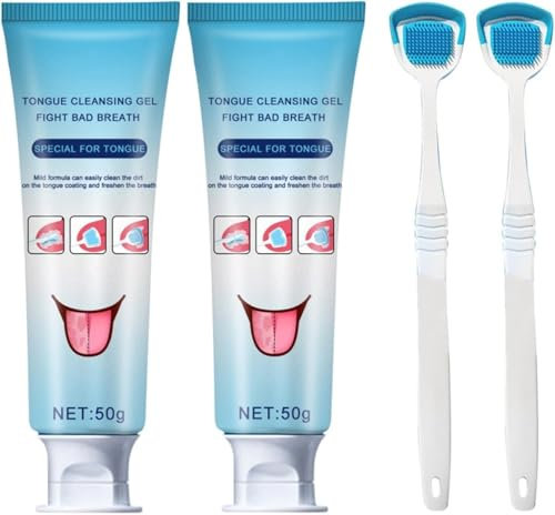 Juego de 2 geles de lengua médicos, gel limpiador lingual con cepillo de lengua, gel limpiador de tongue con cepillo de limpieza, combate el rascador lingual bacteriano, cuidado de la salud bucal
