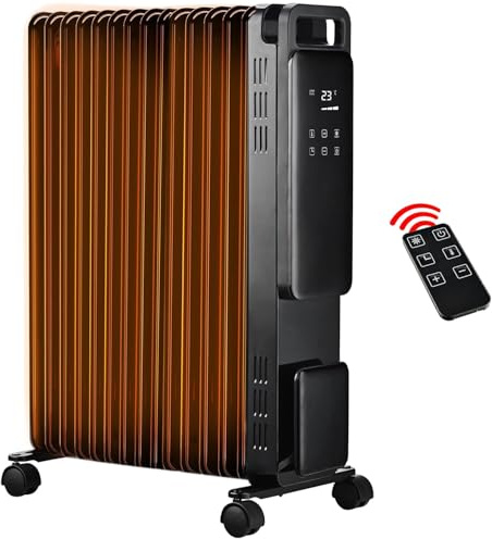 Nyxi 11-Fin Oil Filled 2500W Heater Radiator with Remote Control – 3 Power Settings, LED Display, 24-Hour Timer, Safety Overheat Protection, Portable with Castor & Cord Storage (Black, Model 904)