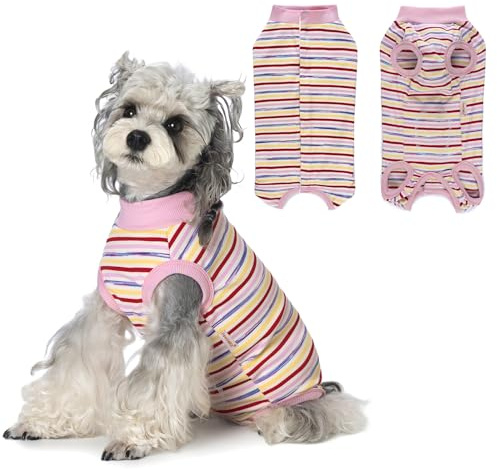 Pawsailor Body Post Operatorio Cane a Righe Tuta Chirurgica per Cani Femmina Maschio Morbido Cotone Tutina Body Chirurgico Cane Maglietta Medica per Cuccioli, Protezione delle Ferite, Rosa-Rosso S