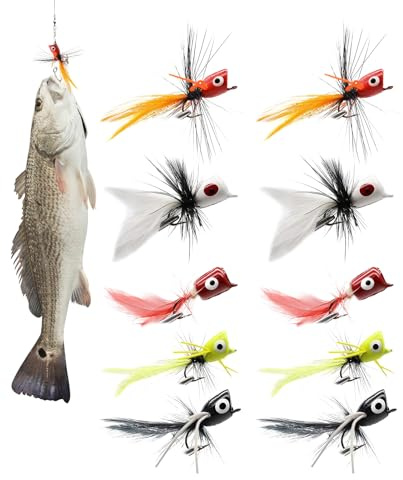 Gazocua Bass pour la pêche à la mouche – Lot de 10 appâts avec n – Hameçons d'appâts réalistes Surfaces sous-marines pour truite, saumon dans les rivières, les étangs, les lacs, les eaux plates