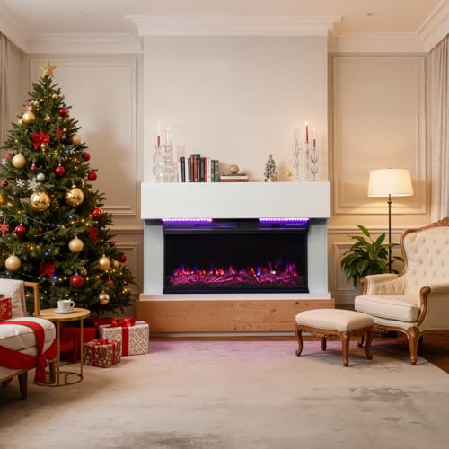 HOMAVO 36 Chimenea Eléctrica con Calefacción, 1000W/2000W Chimenea Decorativa, 12 Colores de Llama 3D, Control Remoto, Incluido Mueble Chimenea, con Tira de LED