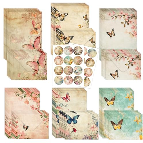72 pcs Retro Butterfly Stationery Set,24 Letter Writing Papers with 24 Matching Envelopes and 24 Sealing Stickers,Vintage Style for Invitations,Love Letters,Creative Party (Retro Butterfly)