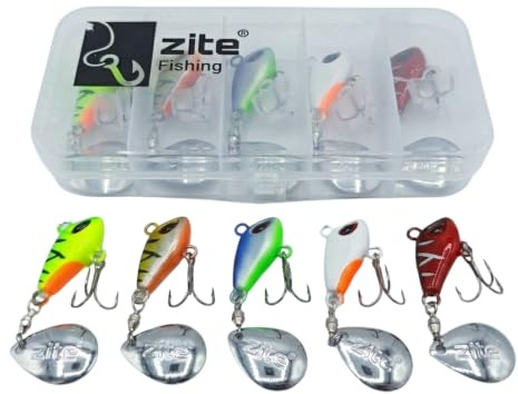 Zite Fishing Jigspinner Set | 5 Stück Spin Jig Barschköder 5g, 10g, 15g | Spinner Barschangeln Zanderangeln | Raubfischköder für Barsch, Zander & Hecht | Spinn-Köder Ink. Tackle-Box (15 g, Neon)