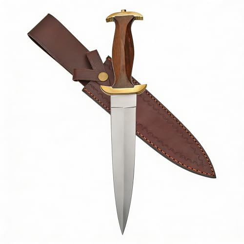 SZCO Full Tang Hunting Knife 15 Inch - 14th Century Dagger Knife with Brown Wood Handle, Stainless Steel Blade & Sheath - Pocket Knife for Hunting, Cutting & Outdoor uses - Knives for Men