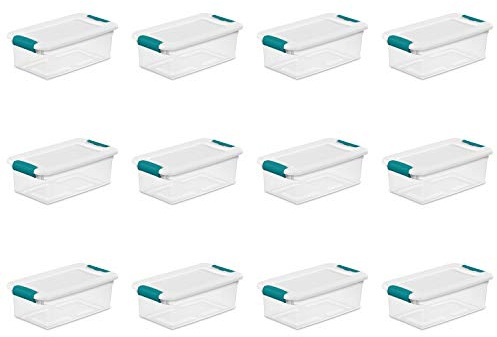 Sterilite 6 Qt Latching Storage Box, Stackable Bin with Latch Lid, Plastic Container to Organize Shoes on Closet Shelf, Clear with White Lid, 12-Pack
