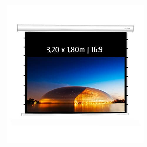 KIMEX - Pantalla de proyección - Motorizada tensionada - Tamaño 3,20 x 1,80 m - Formato 16/9 - Función WiFi - Carcasa Blanca - 049-3518W