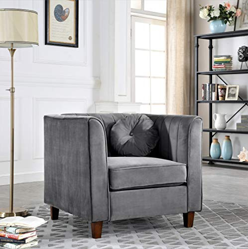 Container Furniture Direct Arvilla Velvet Chair with Bolster Pillows, Soft Upholstery, Mid Century Modern Design, Chesterfield-Inspired Accent Armchair for Living Rooms, Silverish Grey