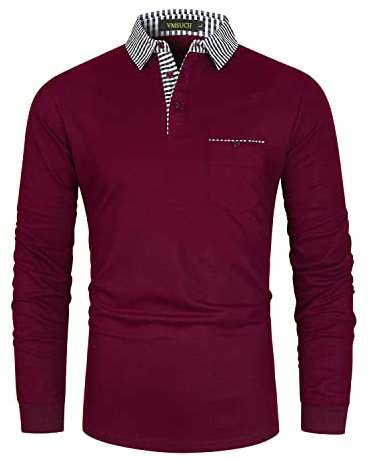 VMSUCIJ Men's Long Sleeve Polos Cotton Classic Plaid Panel with Real Pocket Golf Tennis Top,Red 1,L