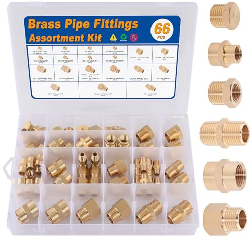 KOOTANS 66PCS Brass Pipe Fittings Assortment Kit NPT Adapter Fitting, Reducer Bushing, Hex Nipple, Reducing Hex Coupling, Pipe Head Brass Plug Kit