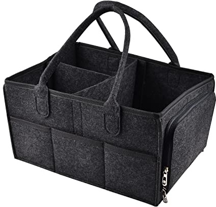 IDOMISMR Cesta de Pañales, Organizador de Pañales para Bebé Multifuncional, Canasta de Almacenamiento con con Compartimentos Ajustables y bolsillo con cremallera Invisibles,Gris oscuro
