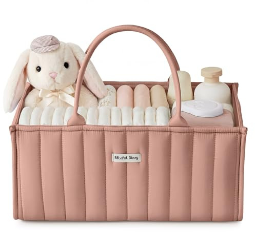 Blissful dagbok babyblöja caddierare, babyshower-korg för flickor, present till nyfödda väsentligheter, bebislista måste, snygg babykorg för skötbord, bilresor – rosa