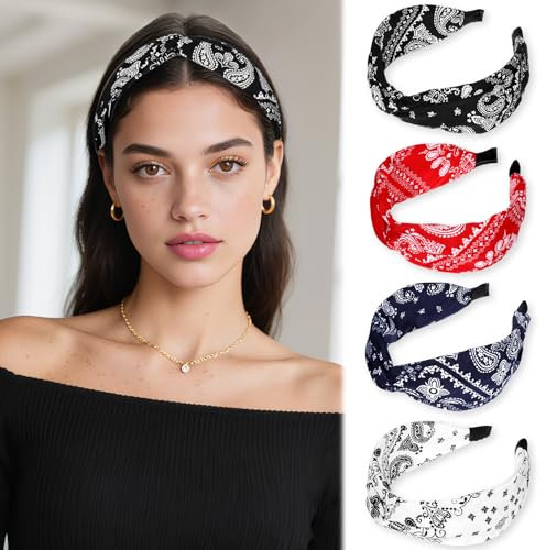 JJUNW 4Stück Stirnbänder für Frauen, Boho Haarreifen Breit, Kein Slip Breit Stirnband mit Knoten, Vintage Haarschmuck Kopfbedeckung für Mädchen Frauen