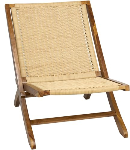 TeakCraft Teak Rattan Lounge Chair – Foldable, Handcrafted Solid Wood Accent Chair with Woven Seat – Mid-Century Modern Recliner for Indoor & Outdoor Use, The Ediz