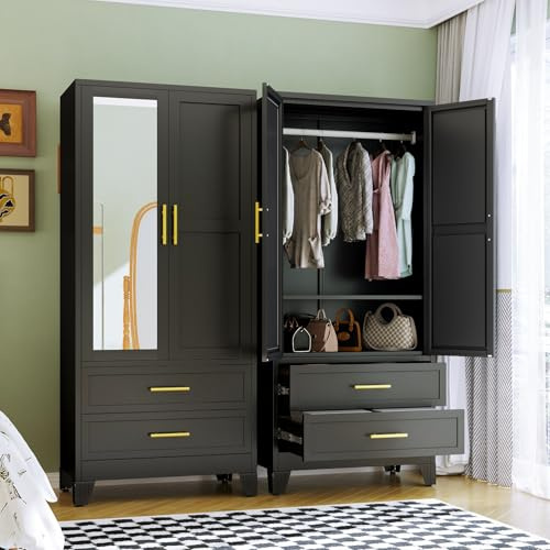 RIETERN Metal Armoire Wardrobe Closet, 71 Tall Bedroom Closet with Mirror, 2 Drawers, Adjustable Shelves, and Hanging Rod, Steel Clothes Closets and Storage, for Bedroom Black
