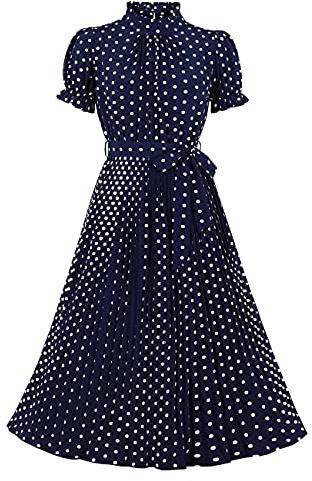 Wellwits Women's Polka Dots Frill Pleated Midi Vintage Cocktail Dress Navy 2XL