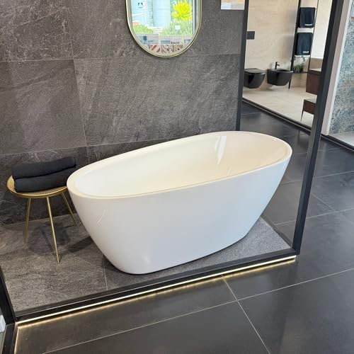 ECOLAM Baignoire îlot Olia 160 × 75 cm | Baignoire autoportante moderne en acrylique de qualité supérieure | Ensemble complet avec bonde design Click-Clack