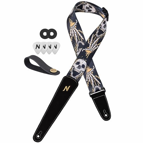Nefelibata Tracolla per chitarra con teschi, 5 cm, con estremità estesa in morbida pelle scamosciata nera, per chitarra acustica, chitarra elettrica, basso, regalo per chitarristi