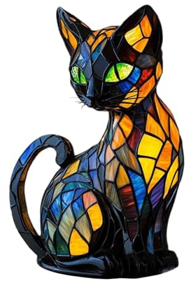 Siuwddee Lampe Chat, Vitrail Veilleuse Chat, RéSine ColoréE DéCoration Vintage Lampe En Forme De Chats, Table Led CréAtive DéCorative, Cadeau Pour Amoureux Des Chats,17x10cm