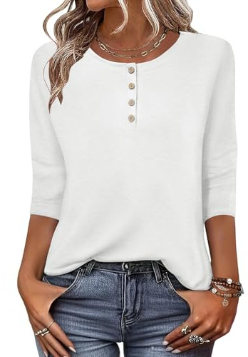 Zeagoo T-shirt för damer, med 3/4-ärm, tröja med rund hals, basic topp, Henly till sommaren, ledig, lätt och lång, storlek S–XXL