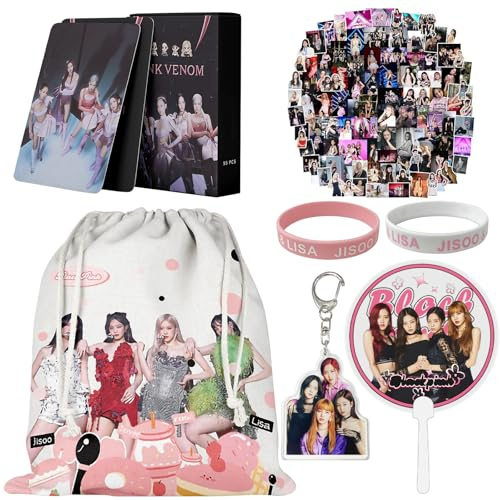 KierscEU Blaackpink Kpoop Blackpiink - Set regalo con sacca da palestra, adesivi, portachiavi, carte, ventagli, braccialetto in silicone per fan
