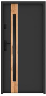 Vente-unique BRAGA - Puerta de entrada de acero completo y acero inoxidable H207 x 100 cm - vidrio ahumado - antracita y efecto roble - espesor 55 mm - empuje recto