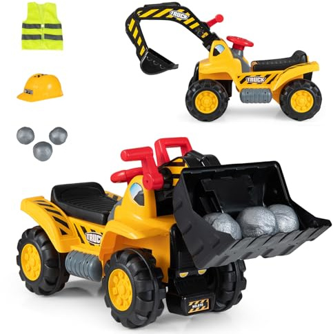 COSTWAY 3-in-1 Ride on Excavator Bulldozer, Kids Foot-to-Floor Push Car | Sit & Scoot Toy Construction Vehicle with Engine Sound, Under Seat Storage, Helmet and Vest for Ages 2+ Years Old