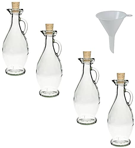 Viva Haushaltswaren - 4 x Glasflasche 250 ml mit Korkverschluss & Henkel, formschönes Gläser Set als Ölflasche, Schnapsflasche & Likörflasche etc. verwendbar (inkl. Trichter Ø 7 cm)