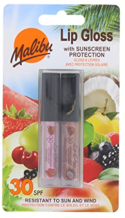Malibu Sun SPF 30 Sunscreen Lip Gloss, High Protection, Water and Wind Resistant, Coconut and Strawberry, Pack of 2 x 1.5ml