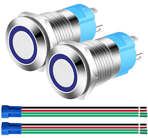 Gebildet 2pcs 0.47 Inch/12mm Stainless Steel Momentary Push Button 12V-24V 3A LED Normally Open SPST ON Off Waterproof with Wire Socket Plug (Blue LED)