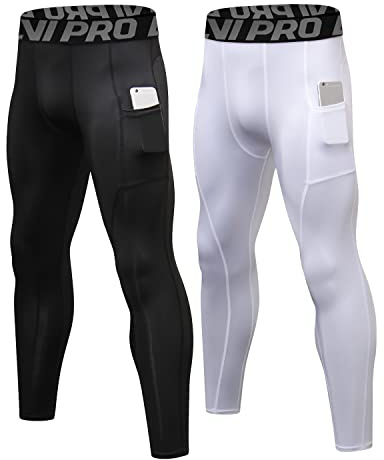 LNJLVI 2 Pack Men's Compression Pants Active Base Layer Tights Workout Running Leggings with Phone Pockets(Black-White Medium)