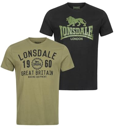 Lonsdale Uomo BANGOR Double Pack T-Shirt, Black/Olive, Extra Large