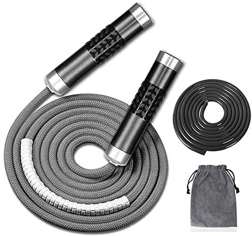 Redify Weighted Jump Rope for Workout Fitness(1LB), Tangle-Free Ball Bearing Rapid Speed Skipping Rope for MMA Boxing Weight-loss,Aluminum Handle Adjustable Length 9MM Fabric Cotton+9MM Solid PVC Rope (Grey)