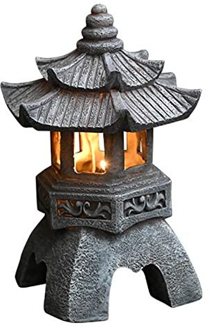 Siunwdiy Statua di ornamenti di lanterne a pagoda da giardino zen solare giapponese - Ornamenti per lampade da interni/esterni con luci solari per giardino, patio,H 26cm