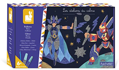 Janod - Pailletten-Bastelset Helden - Les Ateliers du Calme - Kreatives Hobby Kinder - 3 Bilder zum Dekorieren - Feinmotorik und Konzentration - Ab 6 Jahre, J07920