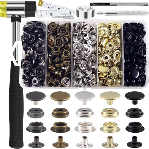 Bouton pression, Boutons Pression 506 Articles, 5 couleurs Boutons en acier inoxydable avec base, marteau, outil de poinçonnage, outil pointu, outil concave pour bricolage, couture, cuir, jeans