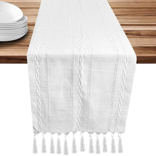 Tischläufer Weiß Boho, Baumwolle Table Runner mit Hand Quasten, Makramee Leinen Tischdecke für Partys, Hochzeit Tabletop Dekor, Esszimmer Dekor - 33 x 183cm
