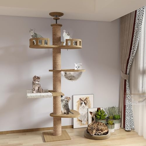 Rascador de Suelo a Techo, Altura Ajustable, 240 – 250 cm, 265 – 275 cm, Ancho 11 cm, Hamaca para Gatos, Totalmente Envuelta en Cuerda de sisal