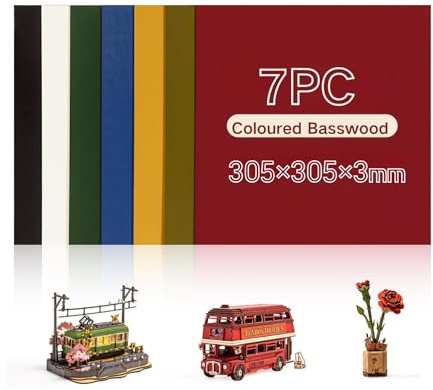 ROBOTIME Plywoodskiva 3 mm färgad lindträ, träplatta snitt enligt mått, multiplex platta, trä, laser, limträplatta, lasersnitt genombruten 30 cm x 30 cm, 7 stycken typ A