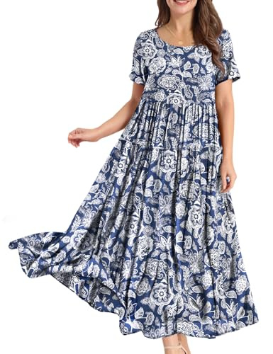 YESNO Women Dresses Casual Plus Size Bohemian Short Sleeve Floral Long Maxi Summer Beach Swing Dress/Pockets S EJFUK CR349