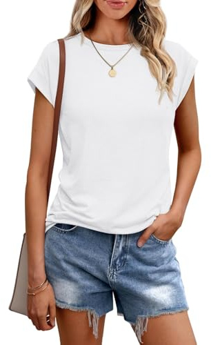 Chicrise Sleeveless Tops for Women UK Summer Crew Neck Blouses Cap Sleeve Classic Simple T Shirts White Means 12-14