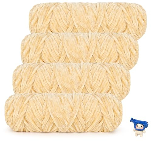 Coopay - Lana de chenilla aterciopelada para tejer, 400 g (4x100 g), hilo de chenilla súper esponjoso y grueso para tejer, lana aterciopelada suave para bufanda, manta, suéter - Beige