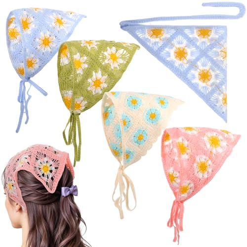 Heclia 4PCS Crochet Bandanas Headbands for Women, Floral Knitted Daisy Headscarf with Tie-Back, Vintage Scarf Hairband for Girls, Bohemian Head Kerchief Headwrap for Thin Thick Curly Hair Styling