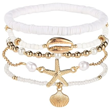 Lyreh Bead Ankle Seashell Bracelets Set for Women, Adjustable Boho Gold Beach Anklets with Pearl Conch Starfish Shell Disc Charms Hawaiian Foot Jewelry for Summer Fashion Gifts