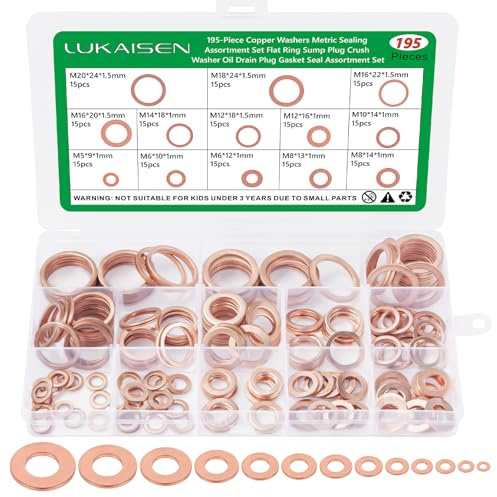 Lukaisen 195Pcs M5-M20 C10100 Pure Copper Metric Sealing Flat Washer Kit | M5 M6 M8 M10 M12 M14 M16 M18 M20, C10100 Pure Copper,Corrosion Resistant for Electrical, Plumbing, Automotive, HVAC,DIY