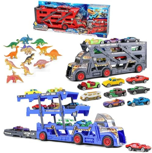 BAKAJI Playset Camion Trasporto Auto Multilivello con 12 Dinosauri e 8 Macchinine, Giocattolo di Simulazione per Bambini con Animali Preistorici e Macchine, Autoarticolato a 3 Livelli Colori Assortiti