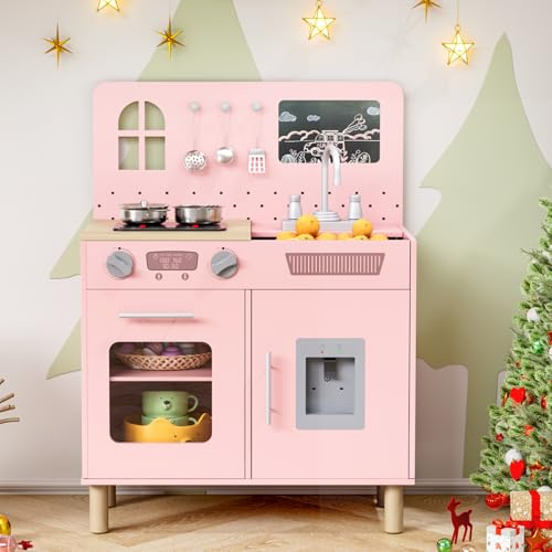 MAMIZO Wooden Play Kitchen for Kids, Toy Kitchen with Realistic Light & Sound, Interactive Kids Kitchen with 5 Pcs Cookware, Oven, Water Dispenser, Storage Cabinets & Chalkboard for Ages 3+ (Pink)