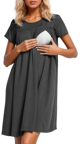 MODSGUE Chemise de nuit d'allaitement, de grossesse, à manches courtes, pour femme, avec col rond, avec poches, chemise de nuit de maternité, de naissance, gris, M