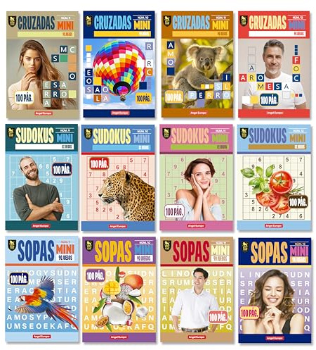 Pasatiempos Angel Europa Mega Pack Libros de Bolsillo, 100 páginas - Elige tu Pack de 3, 4 o 12 Libros de Sudokus, Sopas o Cruzadas - Formato Mini 11x16 cm, Envío Gratis (Pack Completo 12 Libros)